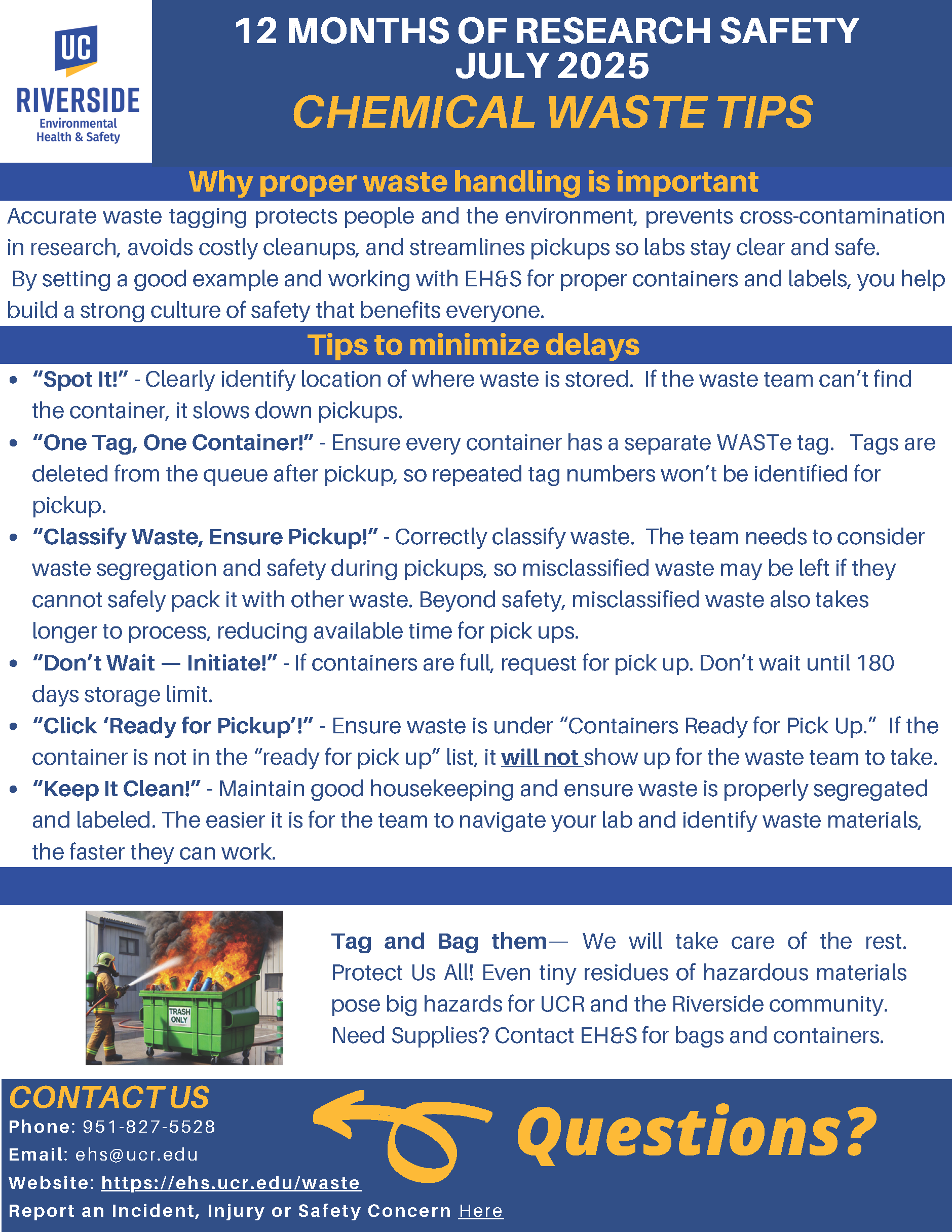 image of 12 months of research safety with the topic on chemical waste tip