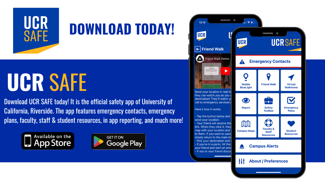 UCR Safe download today flyer with image of app home page